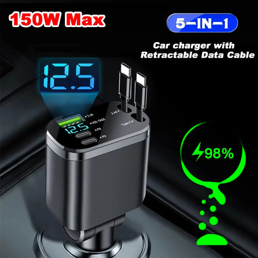 AutoGearHub (™) 5 IN 1 Retractable Car Charger USB Type C